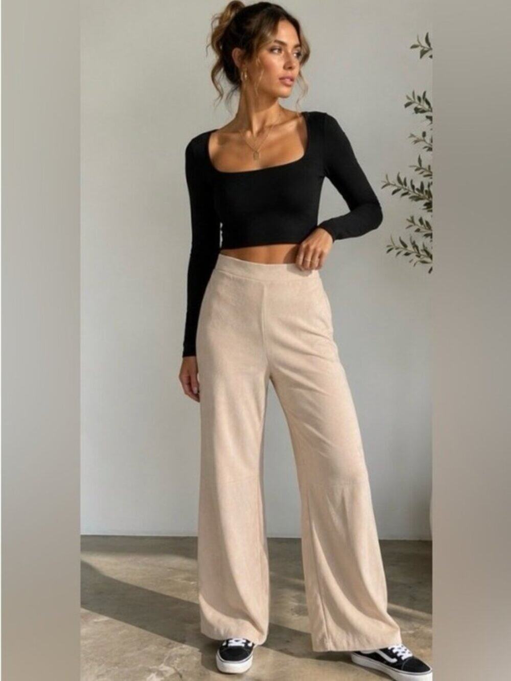 HYFVE Desert Breeze Faux Suede Wide Leg Pants | Cream Beige NWOT Medium